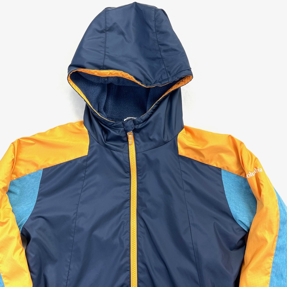 Columbia Kids L 14/16 Fleece Lined Hooded Jacket Colorblock Navy Orange WB0041 - Picture 3 of 9